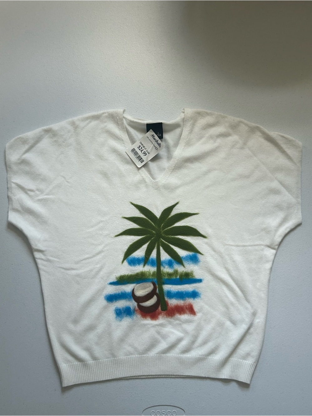 White Palm Tree Graphic V-Neck Sweater Top